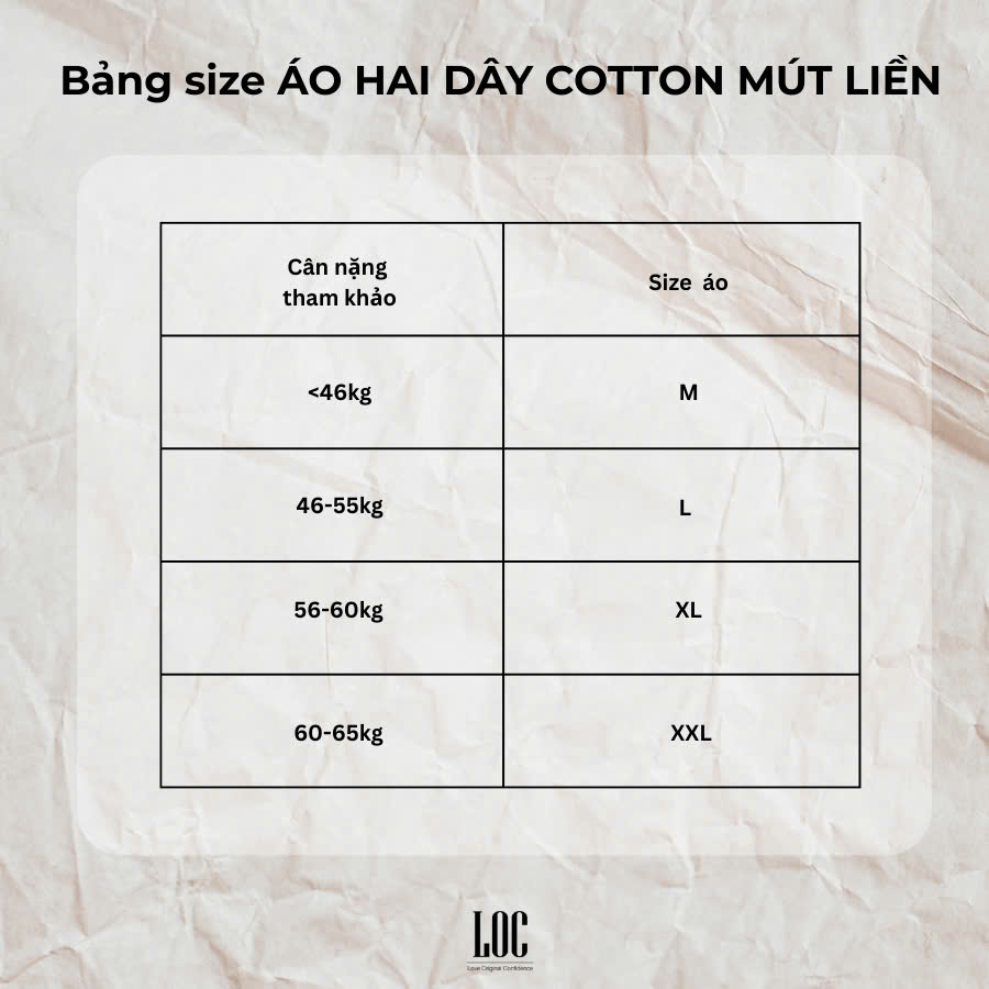 Hướng dẫn đo size Áo Thun 2 dây LOC Có Mút Ngực