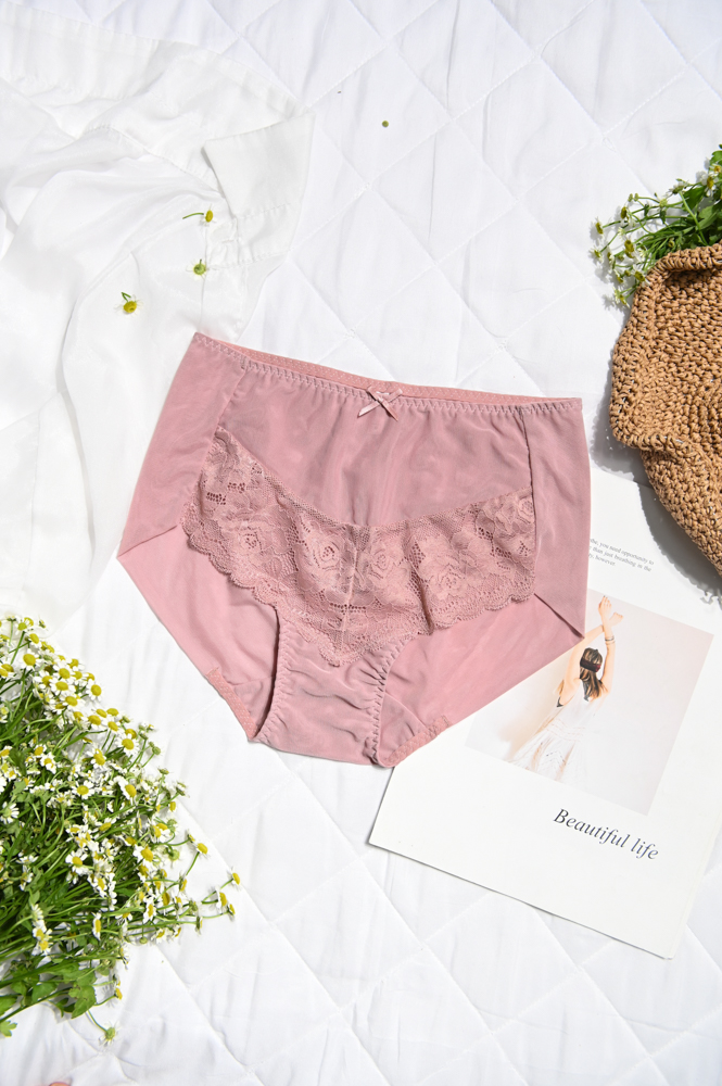 Quần Lót Premium Bikini Lưng Cao Lưới Phối Ren Trà My  -  Hồng 