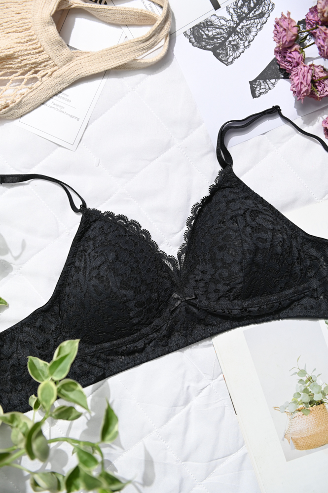 Áo Ngực LOC Cup Đơn Tròn Mút Rời  -  Đen Hoa Sen 