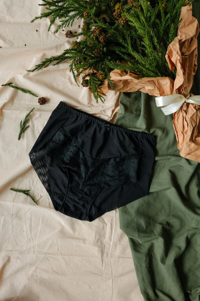 Quần Lót Premium Bikini Lưng Cao Lưới Phối Ren Trà My  -  Đen 